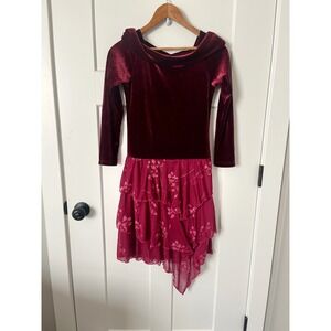 Wrap Around Girls Burgundy Velvet Pink Floral Tiered Glitter Party Dress Size 12